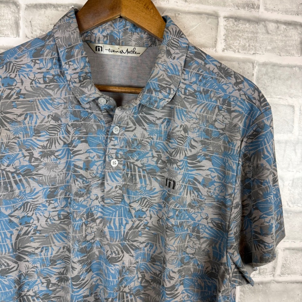 TravisMathew Mens Polo Shirt Large Grey Blue Tropical Palm Leaf Pima Cotton